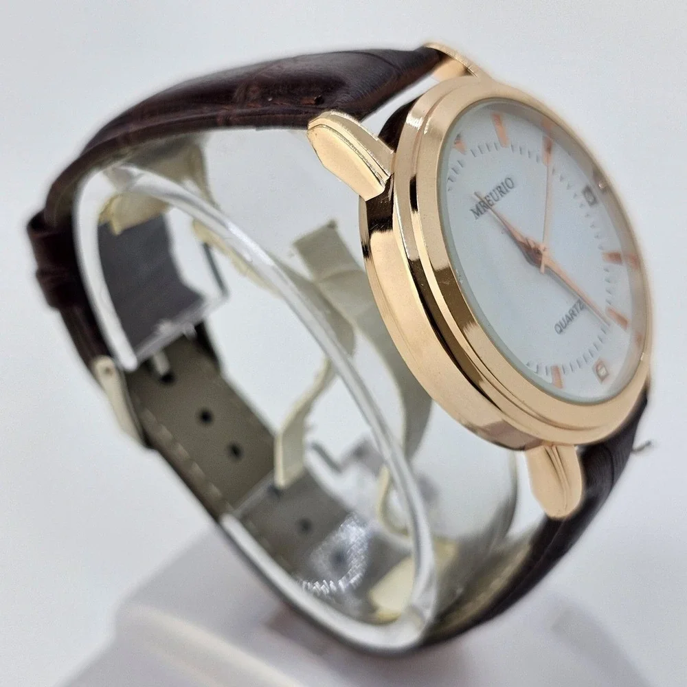 Men's‎ Watch 40MM White Gold Case Dial Brown Leather Bands New Battery